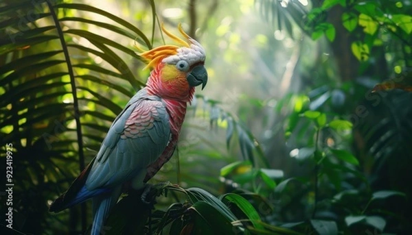 Obraz Vibrant parrot perched on a branch in a lush rainforest during golden hour