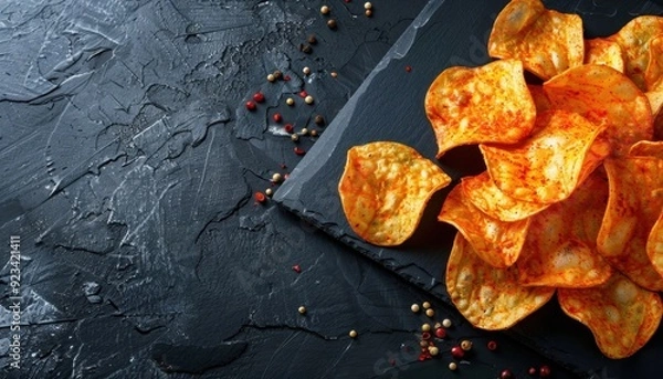 Obraz Spicy potato chips arranged on a dark slate serving board with colorful peppercorns