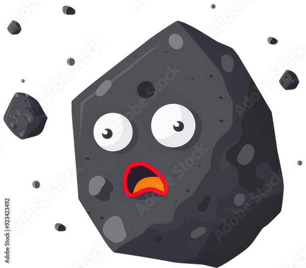Obraz A cartoon asteroid with a surprised expression, surrounded by smaller asteroids.