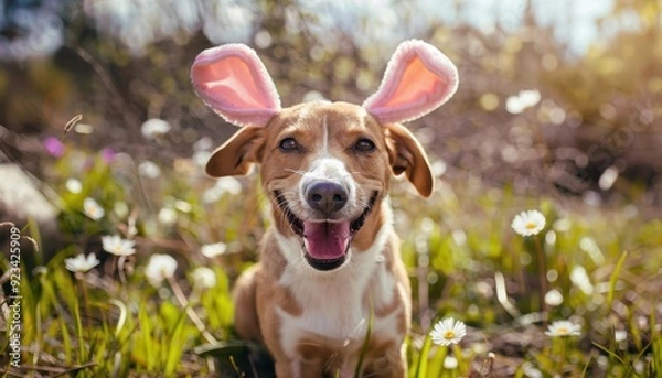 Obraz Happy dog wearing bunny ears in a flower-filled field during a sunny day