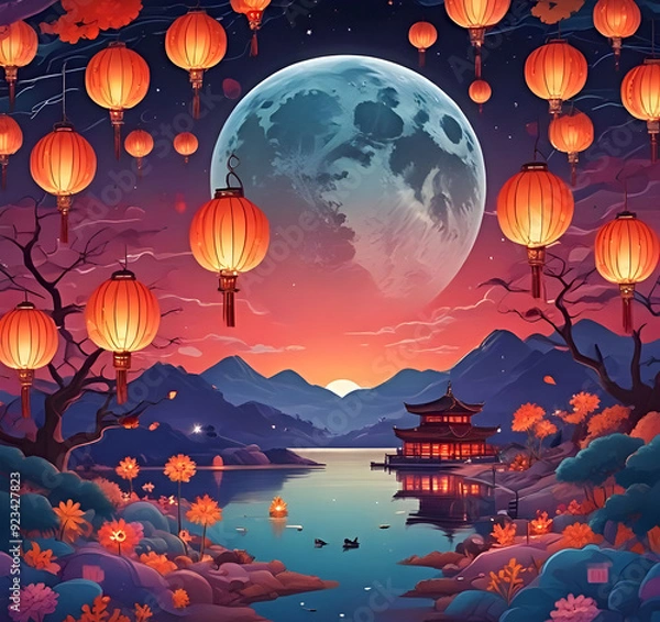 Obraz Mid-autumn festival background banner, image of a big full moon in the night sky, surrounded by colorful lanterns.	

