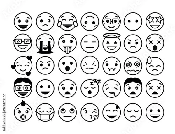 Fototapeta Set of linear emoji faces. Black and white icons with faces expressing different emotions. Sad, happy, funny, loving, crying and angry characters. Cartoon flat vector collection isolated on white