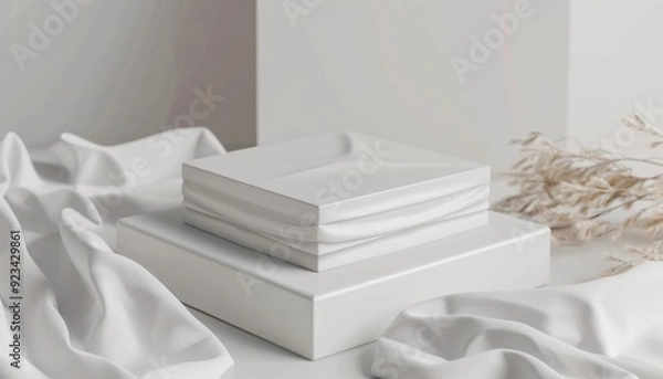 Obraz Minimalist white boxes on soft fabric with dried flowers in well-lit indoor setting