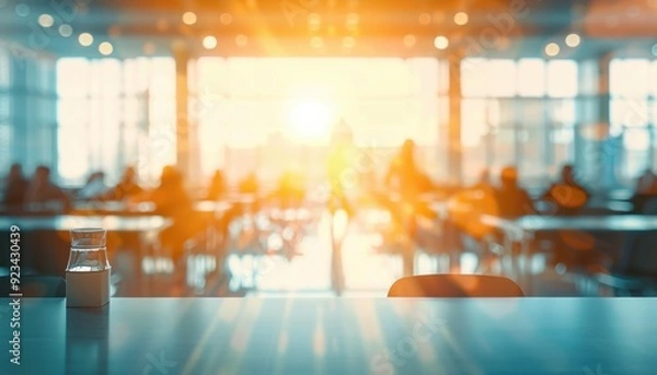 Obraz Bright sunlight fills a busy conference room during an afternoon meeting