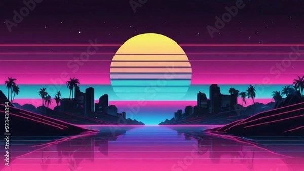 Fototapeta background synthwave with Dramatic sunset paints golden sky, calm ocean reflects dying light, silhouettes of distant mountains