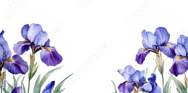 Fototapeta Iris flowers a frame border on white background with copy space for text	
