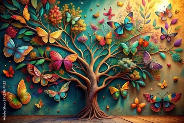 Obraz Vibrant colorful butterfly tree with elegant hanging branches, lush leaves, and intricate details, creates stunning 3D abstract background for interior wall mural painting design.
