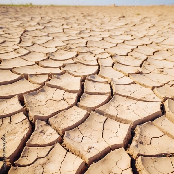 Fototapeta Texture of cracked dry earth in a drought-affected area, Generative Ai