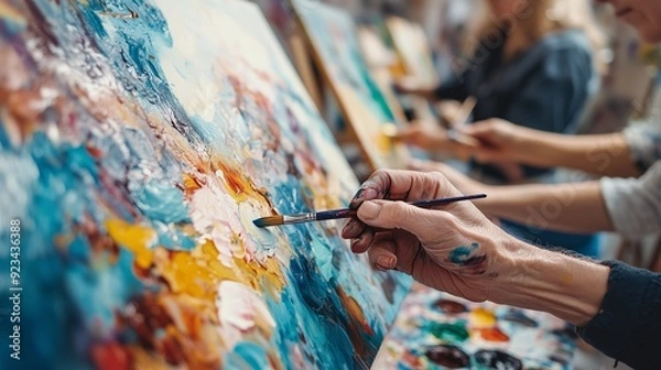 Fototapeta Adults in a painting class explore colors and techniques, creating vibrant, joyful expressions.