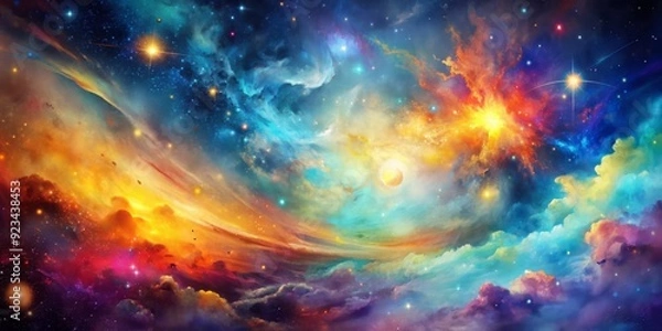Fototapeta Vibrant watercolor background features a cosmic galaxy with streaks of colorful paint splatters, swirling clouds, and shimmering stars in a mesmerizing abstract pattern.