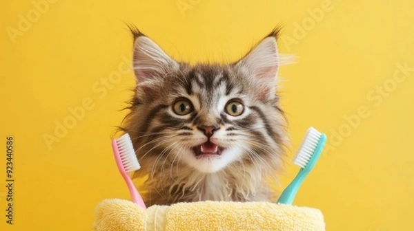 Fototapeta Cute Kitten with Toothbrushes