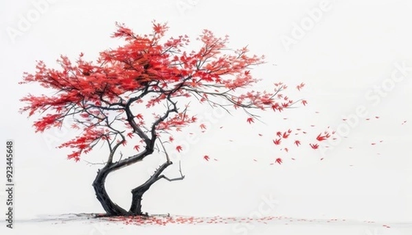 Fototapeta Red maple tree shedding leaves in autumn with a minimalist background