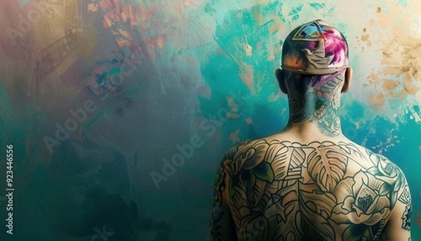 Obraz Vibrant tattoo art showcased on a person's back against a colorful abstract backdrop