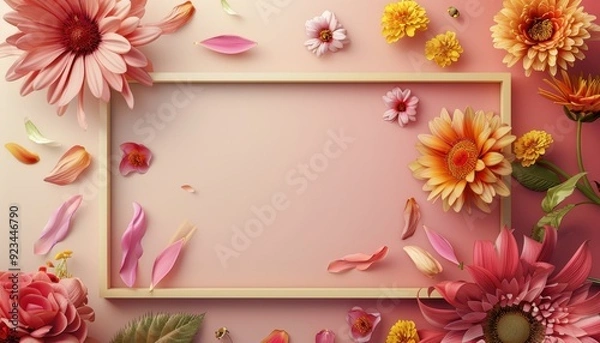 Obraz Colorful floral arrangement with a blank frame on a soft gradient background
