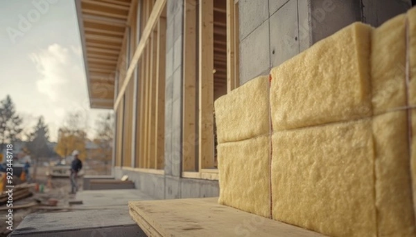Fototapeta Construction site with insulation material stacked near building framework in afternoon light