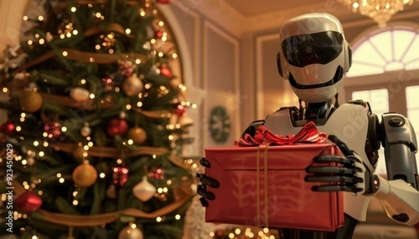 Obraz Robot holding a gift in a festive living room with a decorated Christmas tree