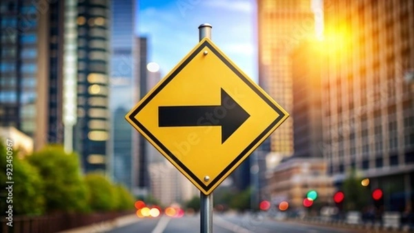 Fototapeta A yellow diamond-shaped traffic sign with a bold black arrow pointing right, mounted on a sturdy pole amidst a blurred urban cityscape background.