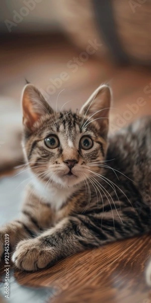 Fototapeta A striped kitten is lying down on a wooden floor, playfully resting and looking content, capturing the innocence and curiosity of young cats in a warm indoor setting.