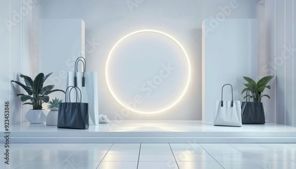 Obraz Modern retail display with bags and plants illuminated by a circular light