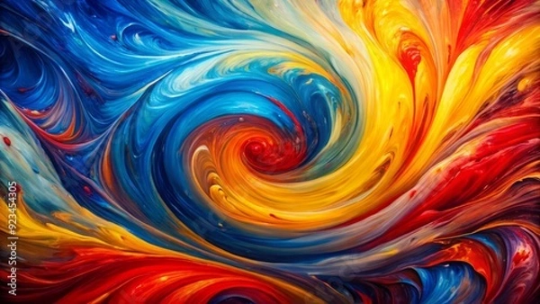 Fototapeta Vibrant abstract background featuring swirling red, blue, and yellow acrylic paints on canvas, evoking dynamic energy and creativity in a mesmerizing hand-drawn oil painting.