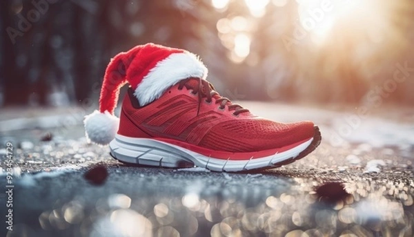 Obraz Red running shoe adorned with a Christmas hat on a snowy path during sunset