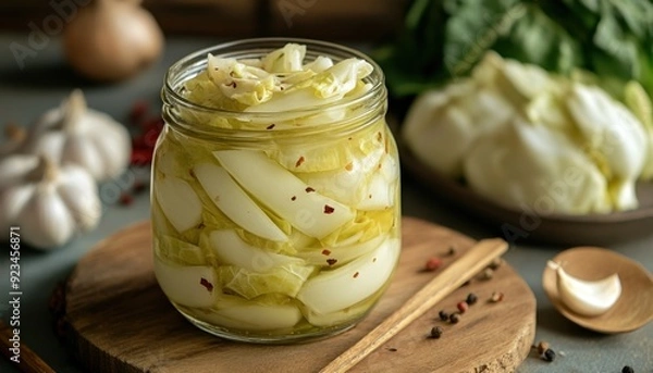 Obraz Homemade pickled cabbage with garlic and spices in a glass jar on a wooden surface