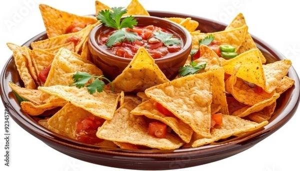 Obraz Delicious nachos served with salsa and topped with fresh cilantro on a wooden platter