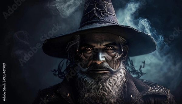 Obraz spooky man witch with tattoo and pointy hat with fug