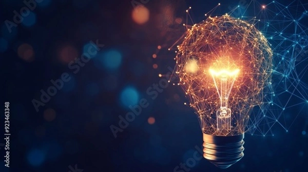 Fototapeta Electric light bulb bright polygonal connections on a dark blue background. Technology concept innovation artificial intelligence brainstorming business success