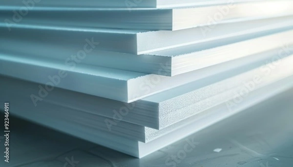 Obraz Stack of white foam board sheets arranged neatly on a table in a well-lit workshop