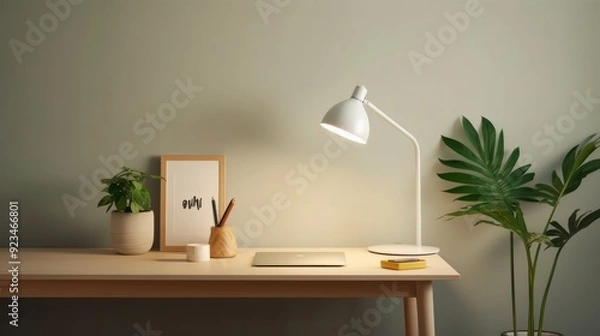 Fototapeta Minimalist Desk Setup with a White Lamp and a Plant