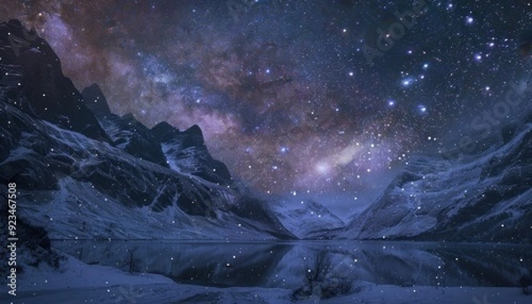 Obraz Starry night over snowy mountains and a tranquil lake in a remote wilderness