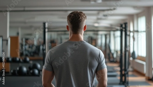 Obraz Man standing in a gym looking at workout equipment during daytime
