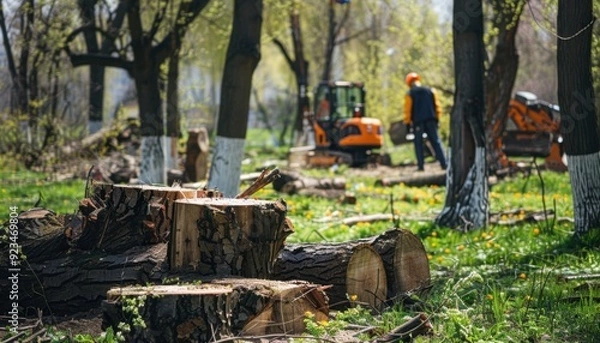 Obraz Tree removal and clearing in a forested area during springtime with machinery in use
