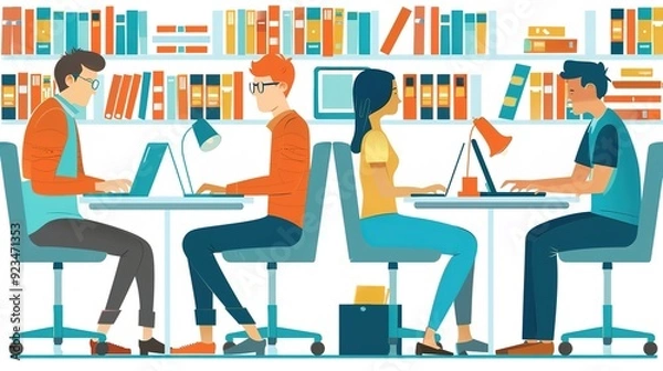 Fototapeta Collaborative Office Environment Showcases Colleagues Engaged in Intense Research and Dynamic Discussion for Their Next Project, Fostering Creativity and Teamwork.