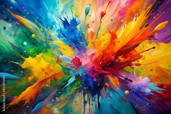 Fototapeta Vibrant abstract artwork featuring dynamic brush strokes, expressive splashes, and bold color palette on canvas, creating a stunning artistic background or texture.