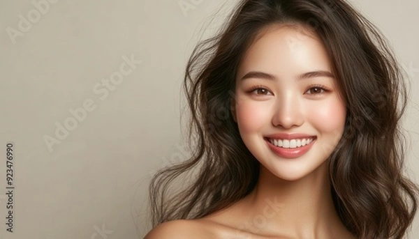 Obraz Smiling young woman with long wavy hair against a neutral backdrop in a portrait setting