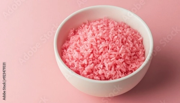 Obraz Pink rice in a white bowl on a pastel background showcasing bright colors and textures