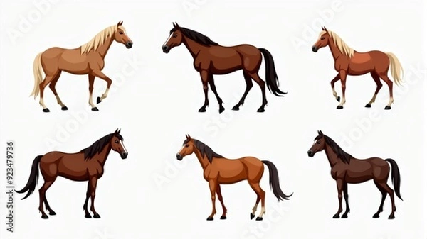 Fototapeta Beautiful Illustrations of Six Different Horses in Various Poses on a White Background