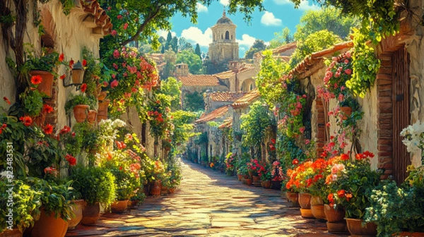 Fototapeta Mediterranean village street. The architecture is characterized by whitewashed walls, terracotta rooftops, and rustic stonework.