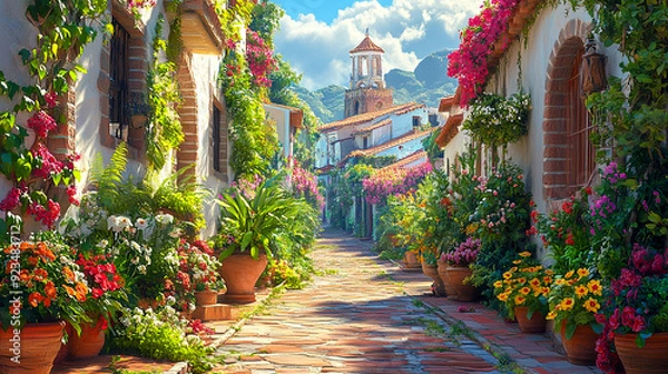 Fototapeta Mediterranean village street. The architecture is characterized by whitewashed walls, terracotta rooftops, and rustic stonework.