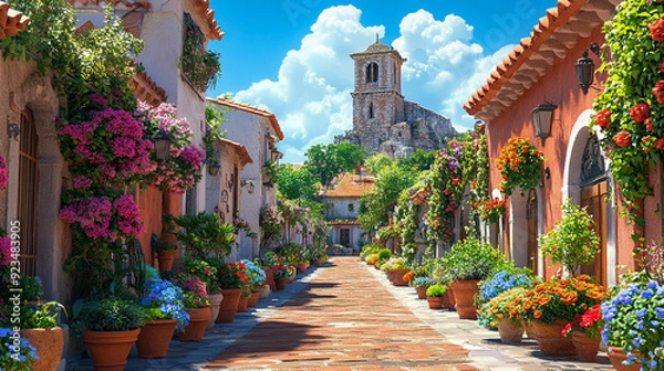 Fototapeta Mediterranean village street. The architecture is characterized by whitewashed walls, terracotta rooftops, and rustic stonework.