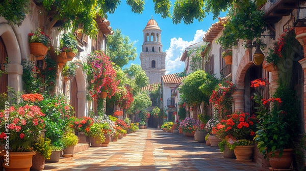 Fototapeta Mediterranean village street. The architecture is characterized by whitewashed walls, terracotta rooftops, and rustic stonework.