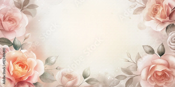 Fototapeta Watercolour delicate summer roses blossom composition in pastel background with copy space for multiple uses cards: wedding invitation, card design, spring floral invitation card, thank you card