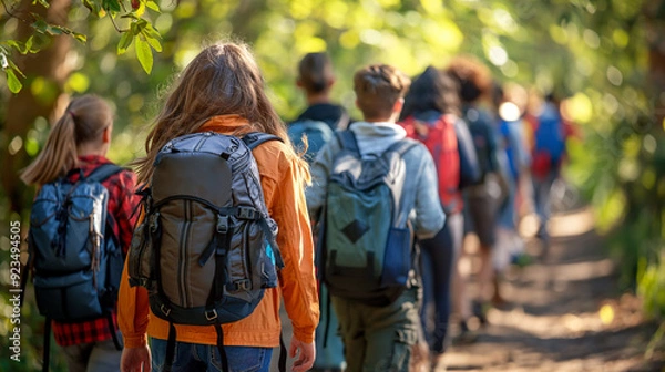 Fototapeta Group of teen with tourist backpack go to park for outdoor activity. Banner with copy space in candid style. 