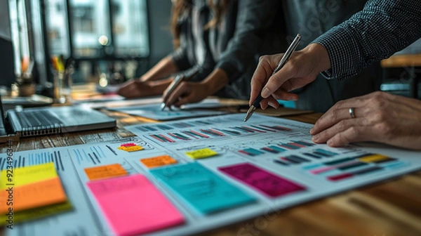 Fototapeta A collaborative session with colleagues sharing their ideas and taking notes, planning their strategies and goals, highlighting engagement and teamwork