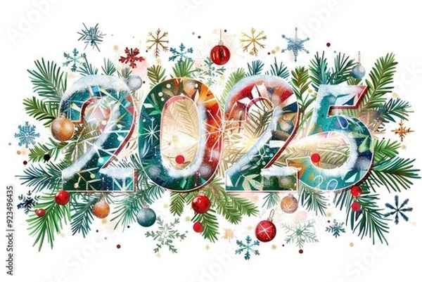 Obraz New Year 2025 card. Hand drawn watercolor numbers 2025 with christmas design
