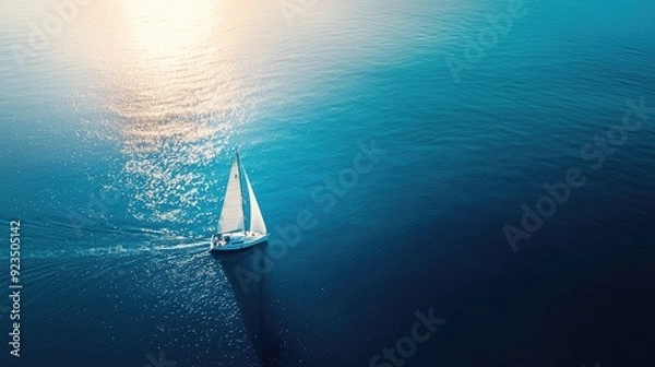 Fototapeta Serene Aerial View of Solitary Sailing Boat in Endless Blue Ocean