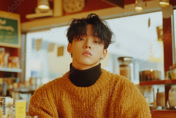 Fototapeta Stylish Idol in Cozy Cafe Setting 5