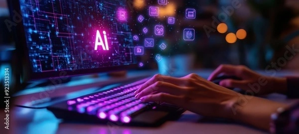 Obraz AI integration in modern business on the blurry backdrop of the office